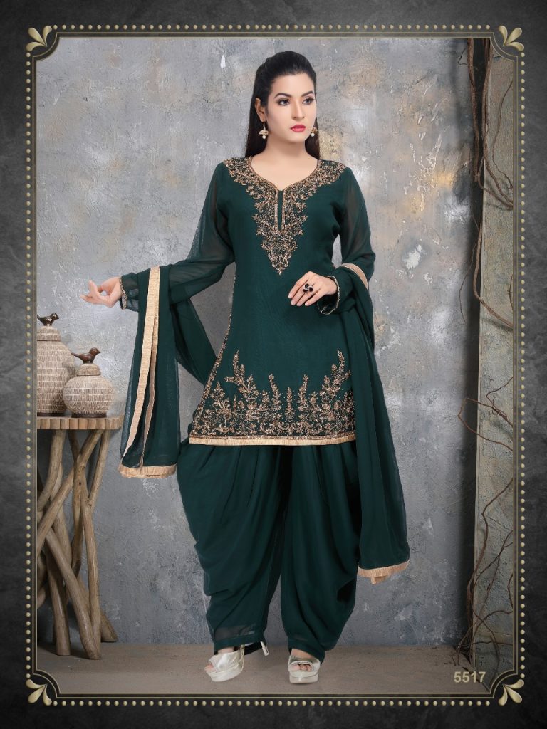 Beaded Georgette Punjabi Suit In Emerald Green Long Sleeve Rsm Silks