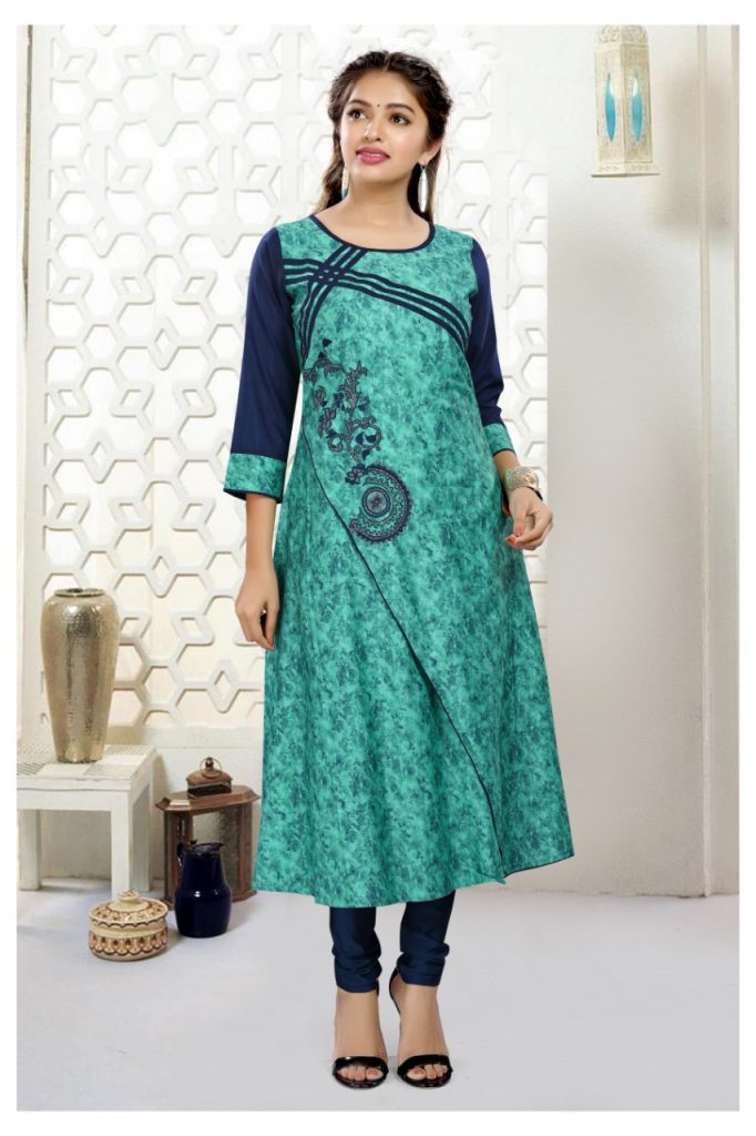Teal Cotton Silk Embroidered Straight Short Kurti main image 0