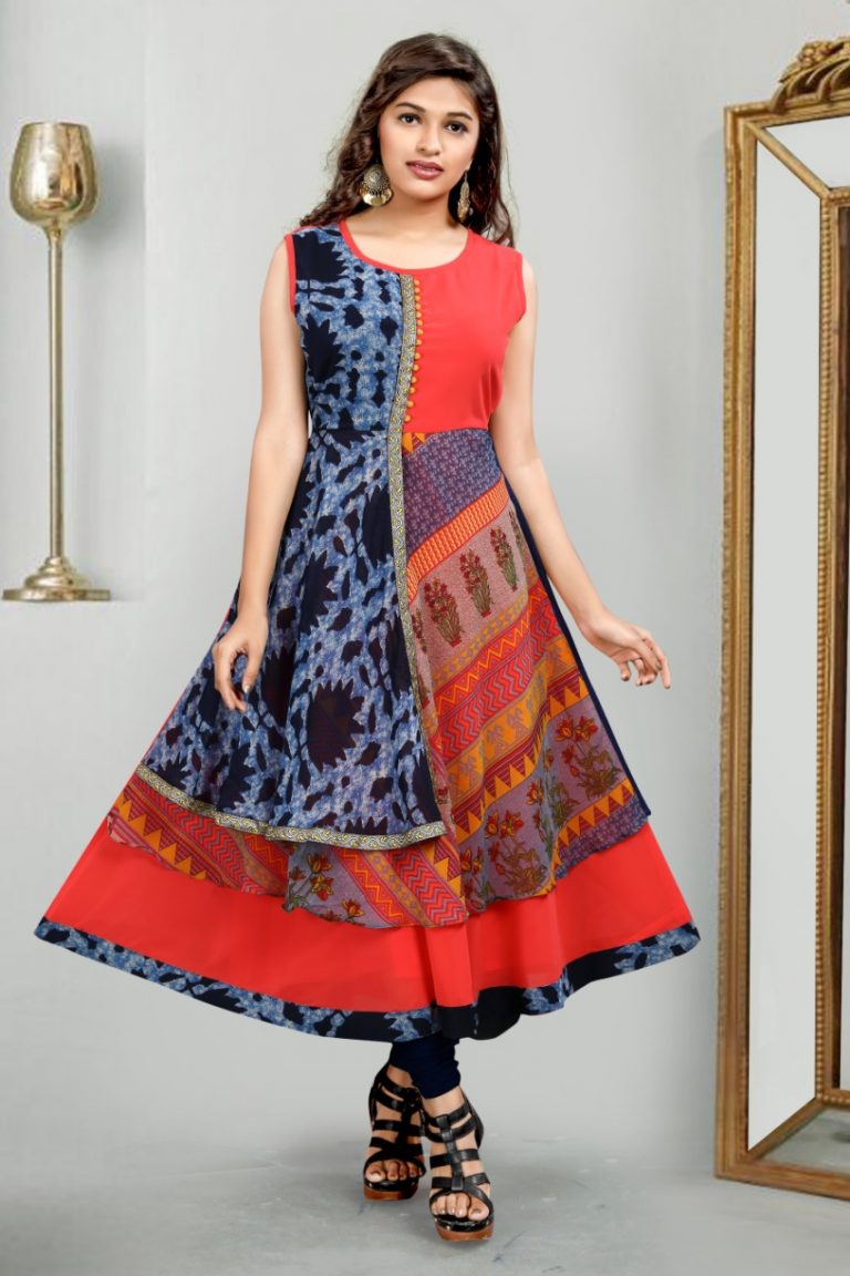 Georgette Flair Kurti in Blue and Pink - Rsm Silks Online