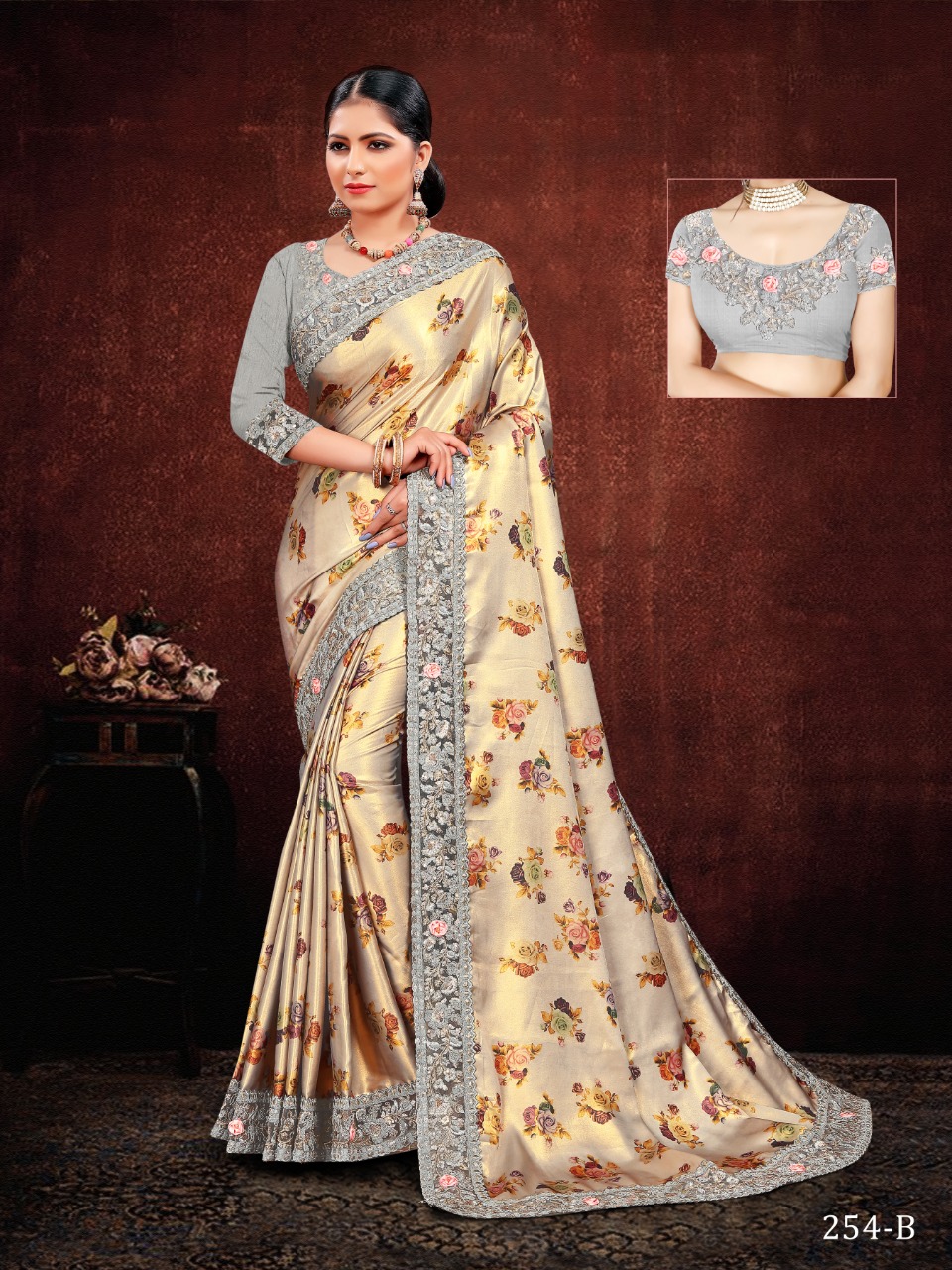 Embroidered Border with Floral Print Saree in Grey