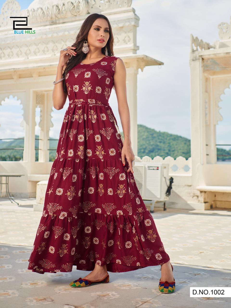 Rayon Printed Long Gown Style Kurti in Red - Rsm Silks Online