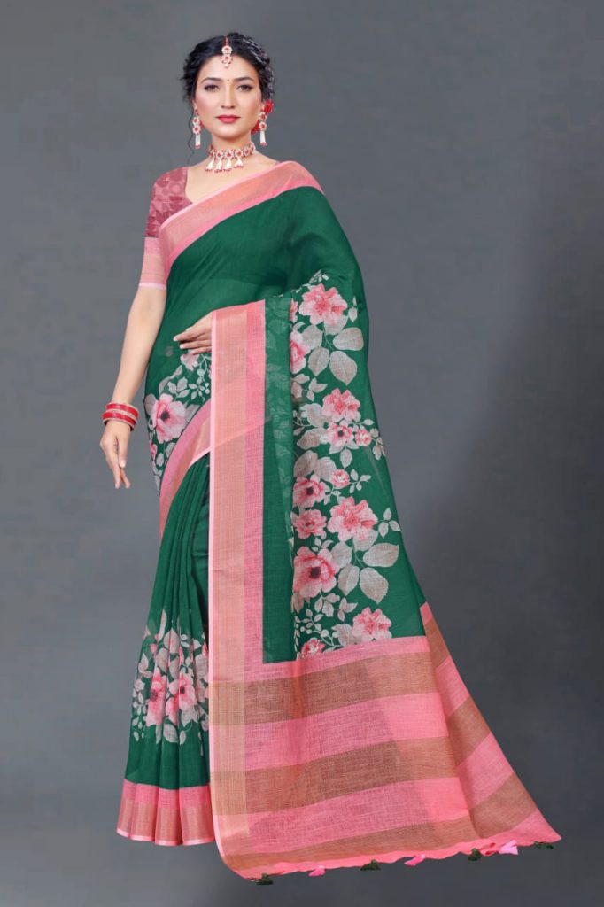 Printed Linen Party Wear Saree in Green Rsm Silks Online