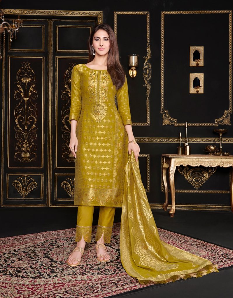 Printed Pakistani Suit in Mustard Rsm Silks Online