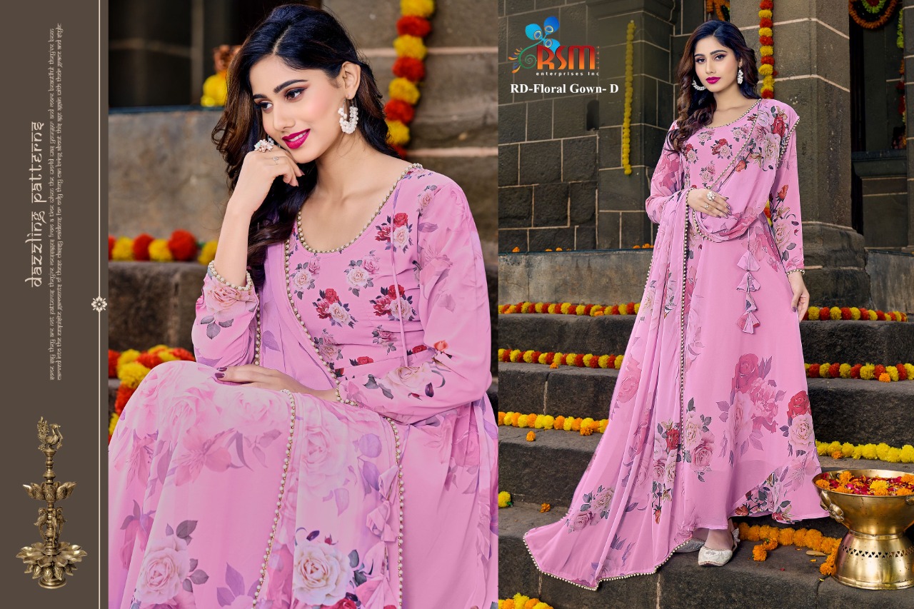 Floral Printed 2pc Anarkali Set in Pink with Pearl Border Beading - Rsm ...