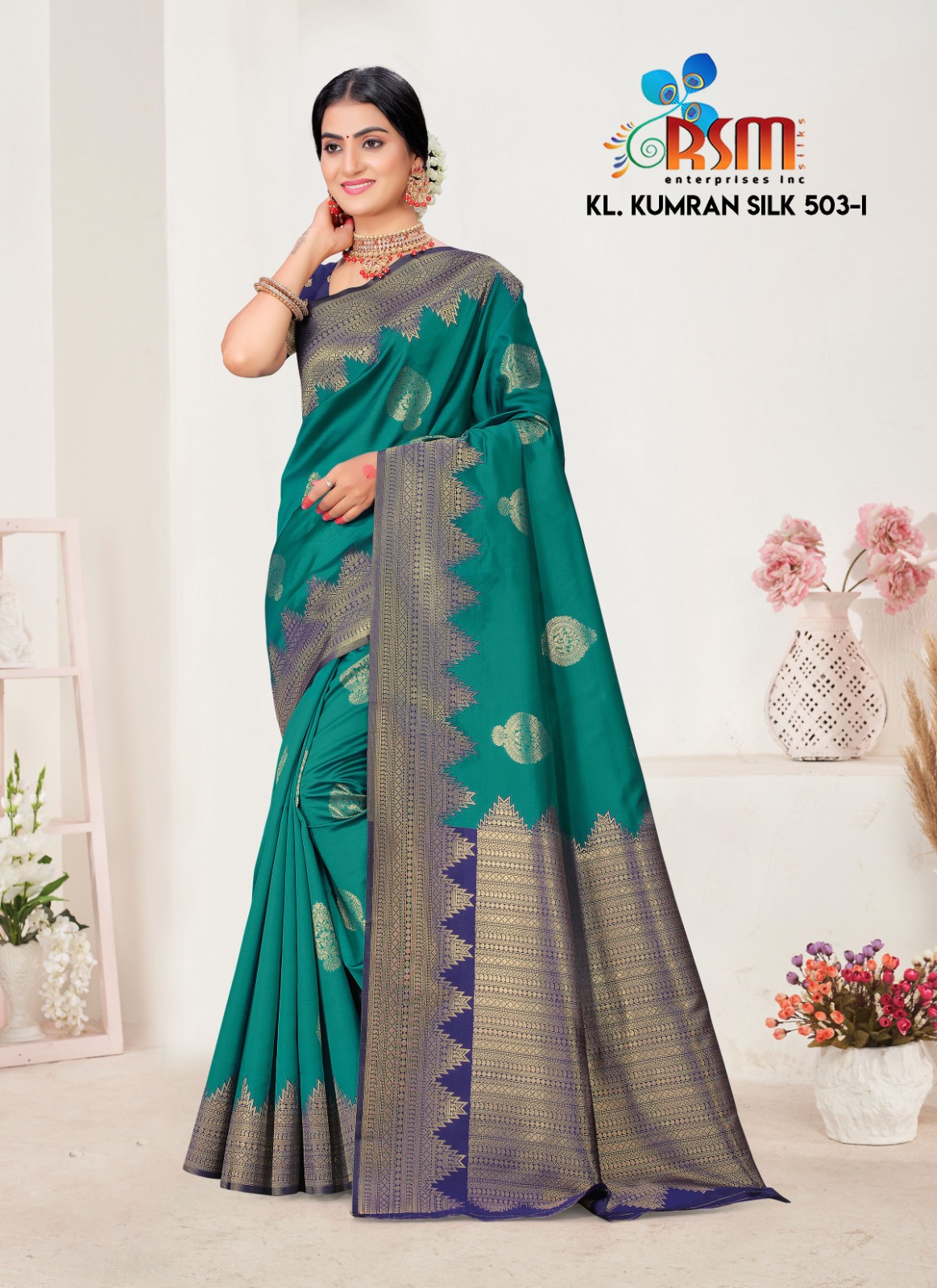 Party Wear Saree in Green with Blue Border - Rsm Silks Online